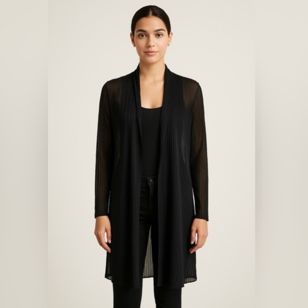 EILEEN FISHER - Black Sheer Accordion Pleated Long Cardigan. XS oversized